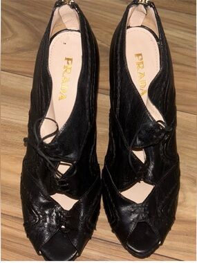 Prada Black Leather Peep-Toe Lace-Up Heels